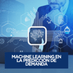 Representación visual de machine learning en la predicción de demanda para empresas, con íconos tecnológicos y un ejecutivo analizando datos.