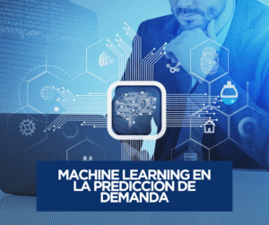 Representación visual de machine learning en la predicción de demanda para empresas, con íconos tecnológicos y un ejecutivo analizando datos.