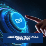 Ilustración conceptual de una plataforma ERP integrada en la nube con módulos de finanzas, inventarios, CRM y proyectos, representando lo que incluye Oracle NetSuite.