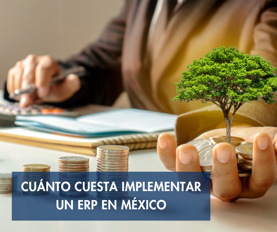 Representación visual del costo de implementación de un ERP en México en 2025, con gráficos financieros y nube empresarial
